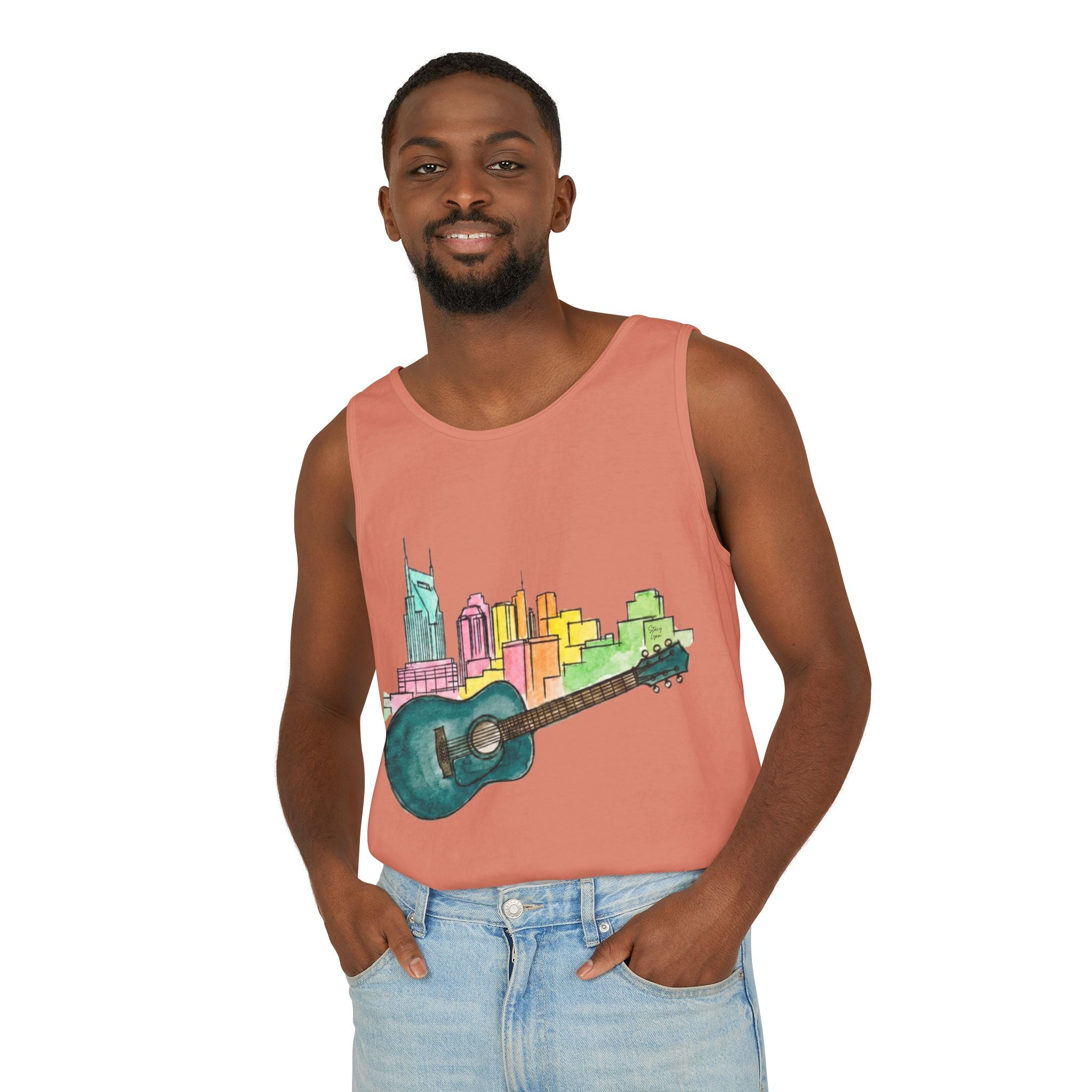 "Acoustic Music Cityscape" Watercolor Tank Top