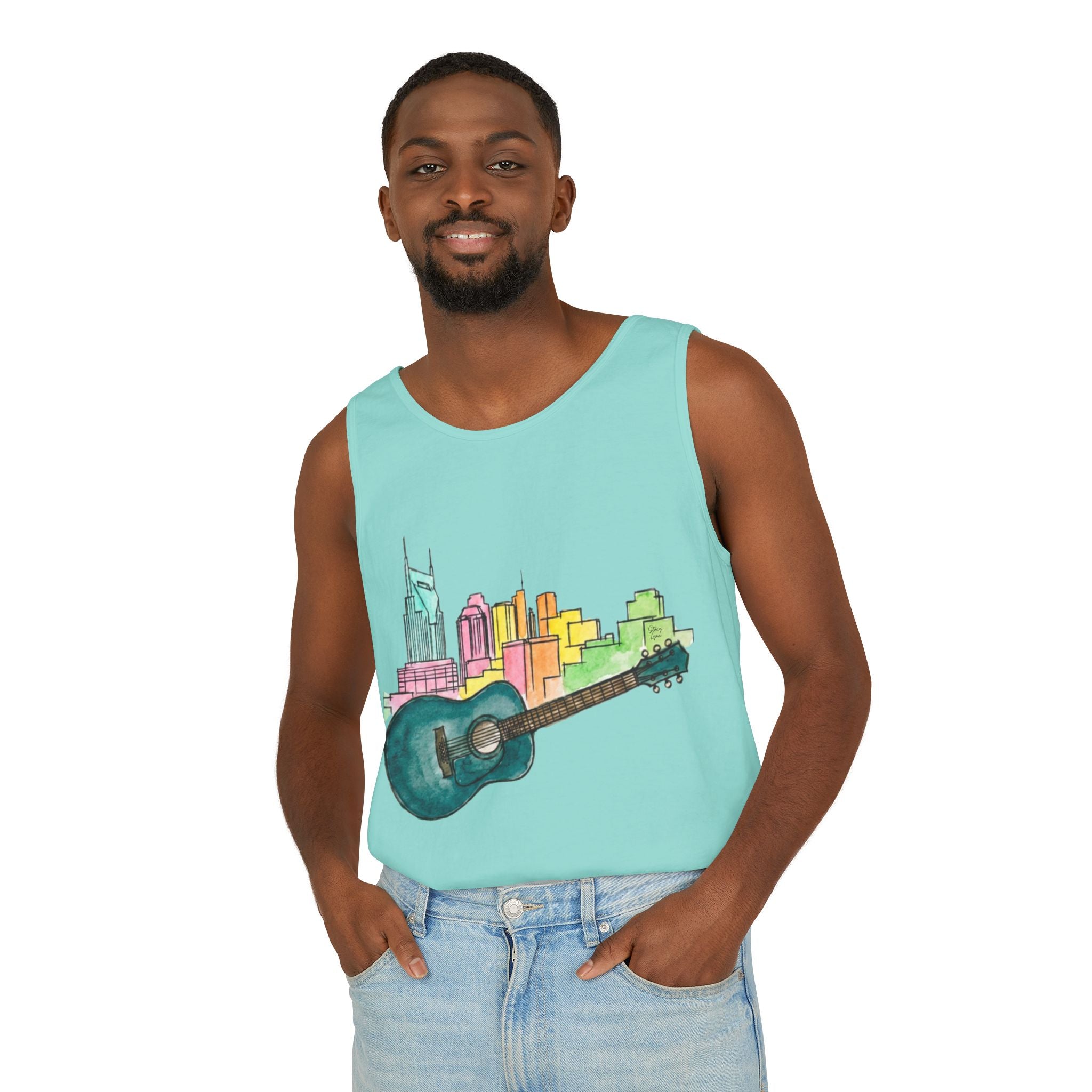 "Acoustic Music Cityscape" Watercolor Tank Top