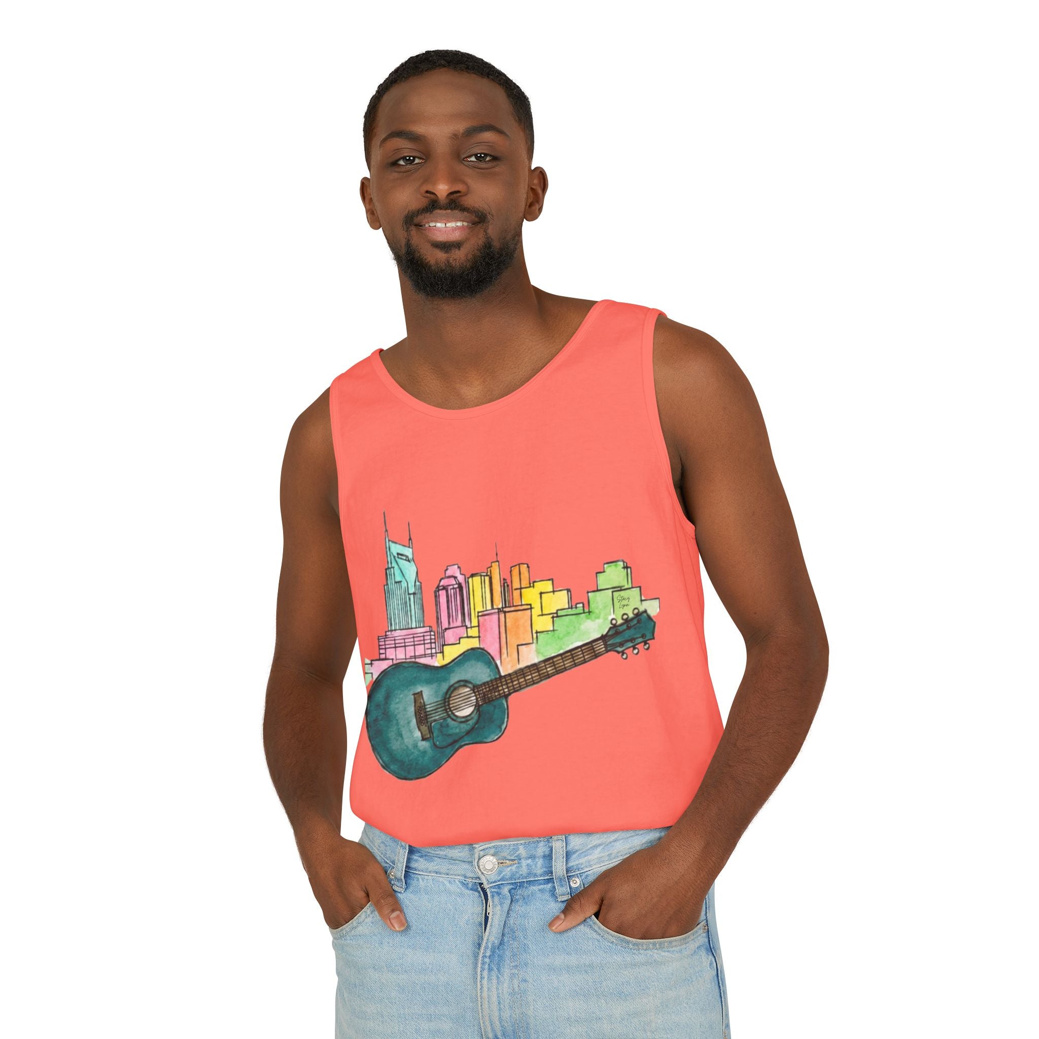 "Acoustic Music Cityscape" Watercolor Tank Top