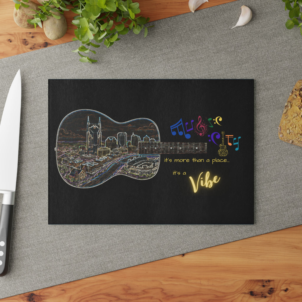 "Music City Vibe" Guitar Skyline Tempered Glass Cutting Board