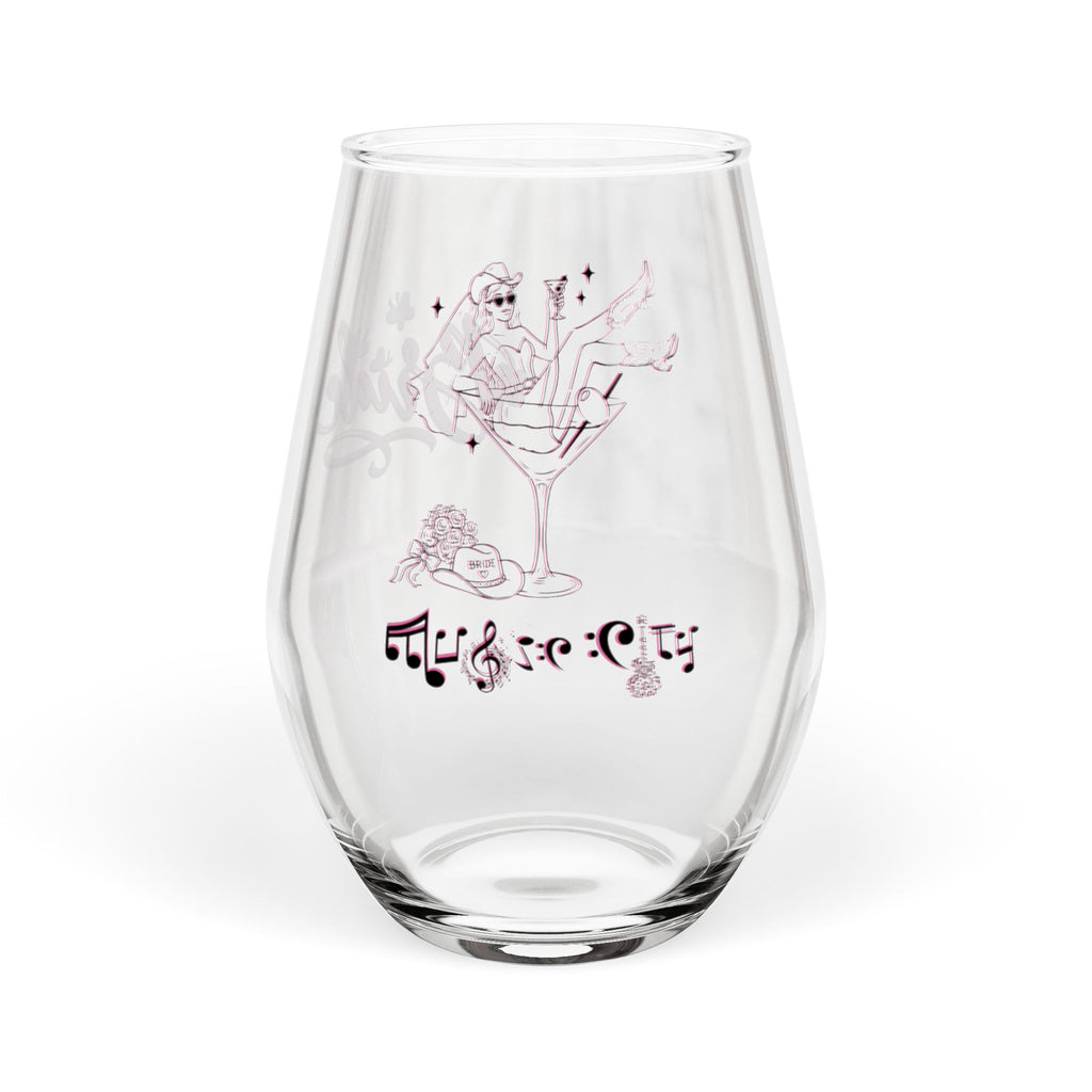 "Music City© Bride Tribe: Bottoms Up Bride!" Stemless Wine Glass – Bachelorette Party Glass