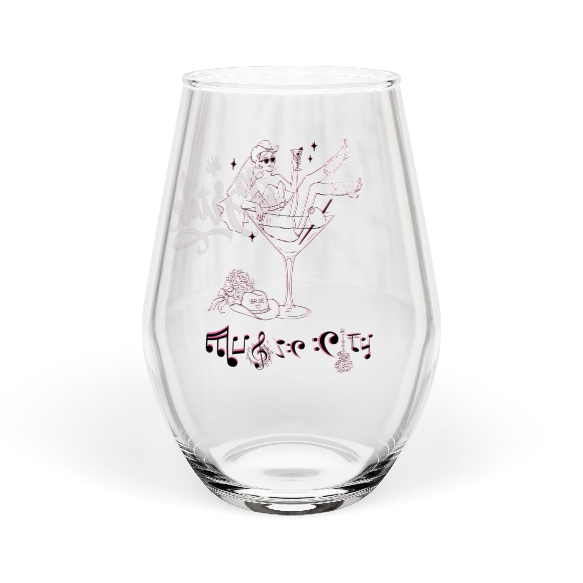 "Music City© Bride Tribe: Bottoms Up Bride!" Stemless Wine Glass – Bachelorette Party Glass