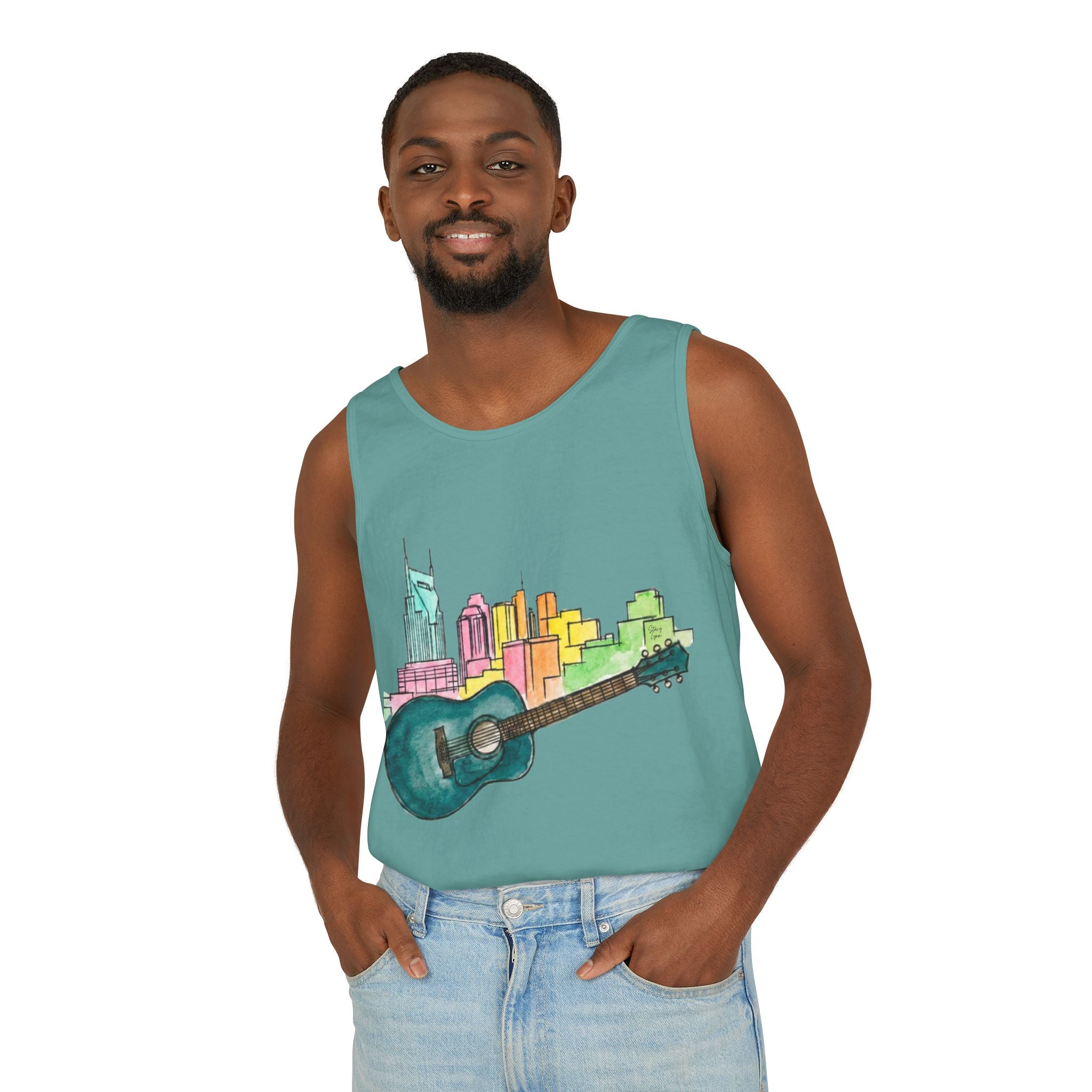 "Acoustic Music Cityscape" Watercolor Tank Top