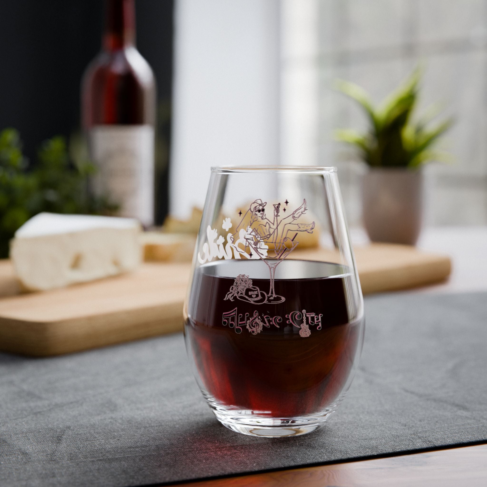 "Music City© Bride Tribe: Bottoms Up Bride!" Stemless Wine Glass – Bachelorette Party Glass