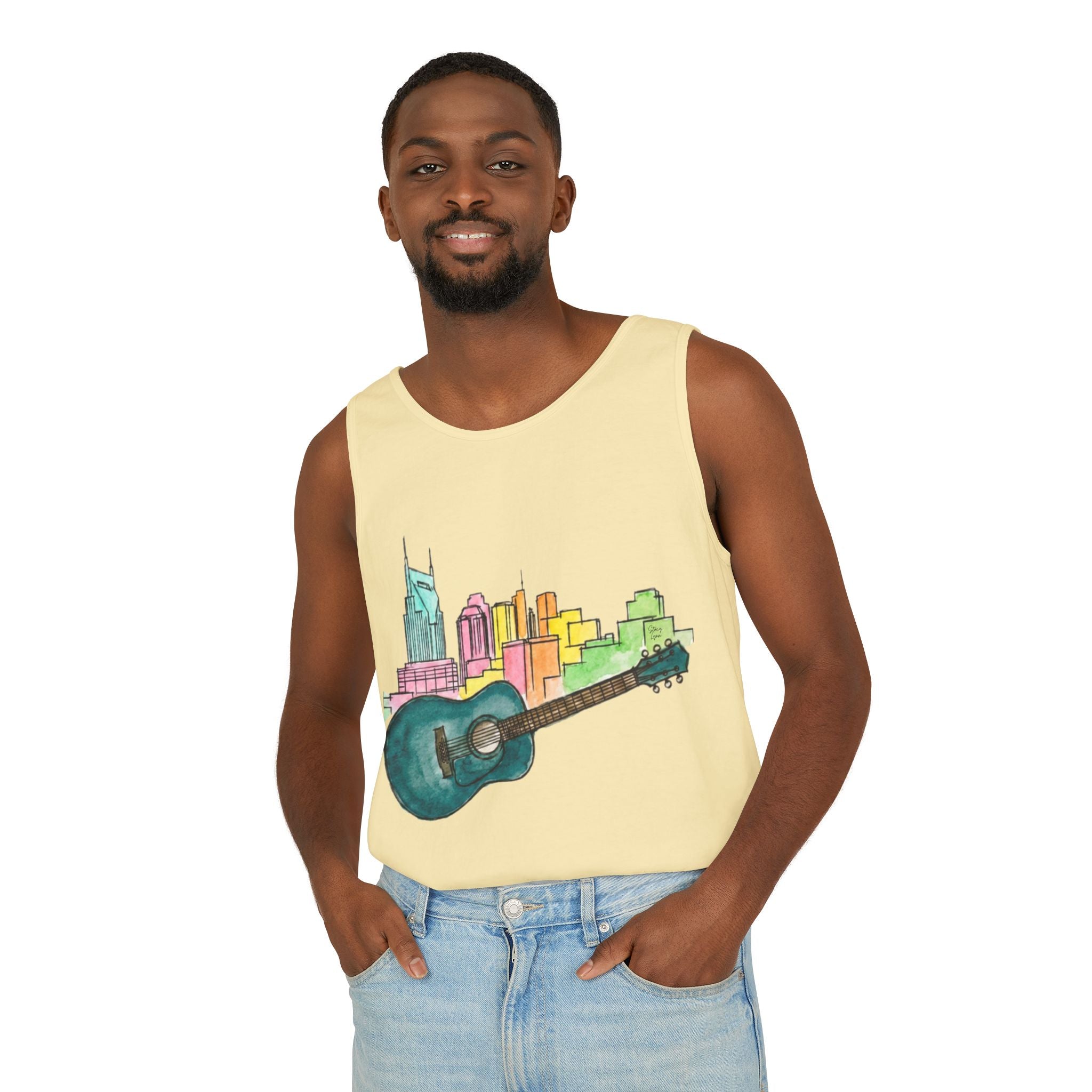 "Acoustic Music Cityscape" Watercolor Tank Top