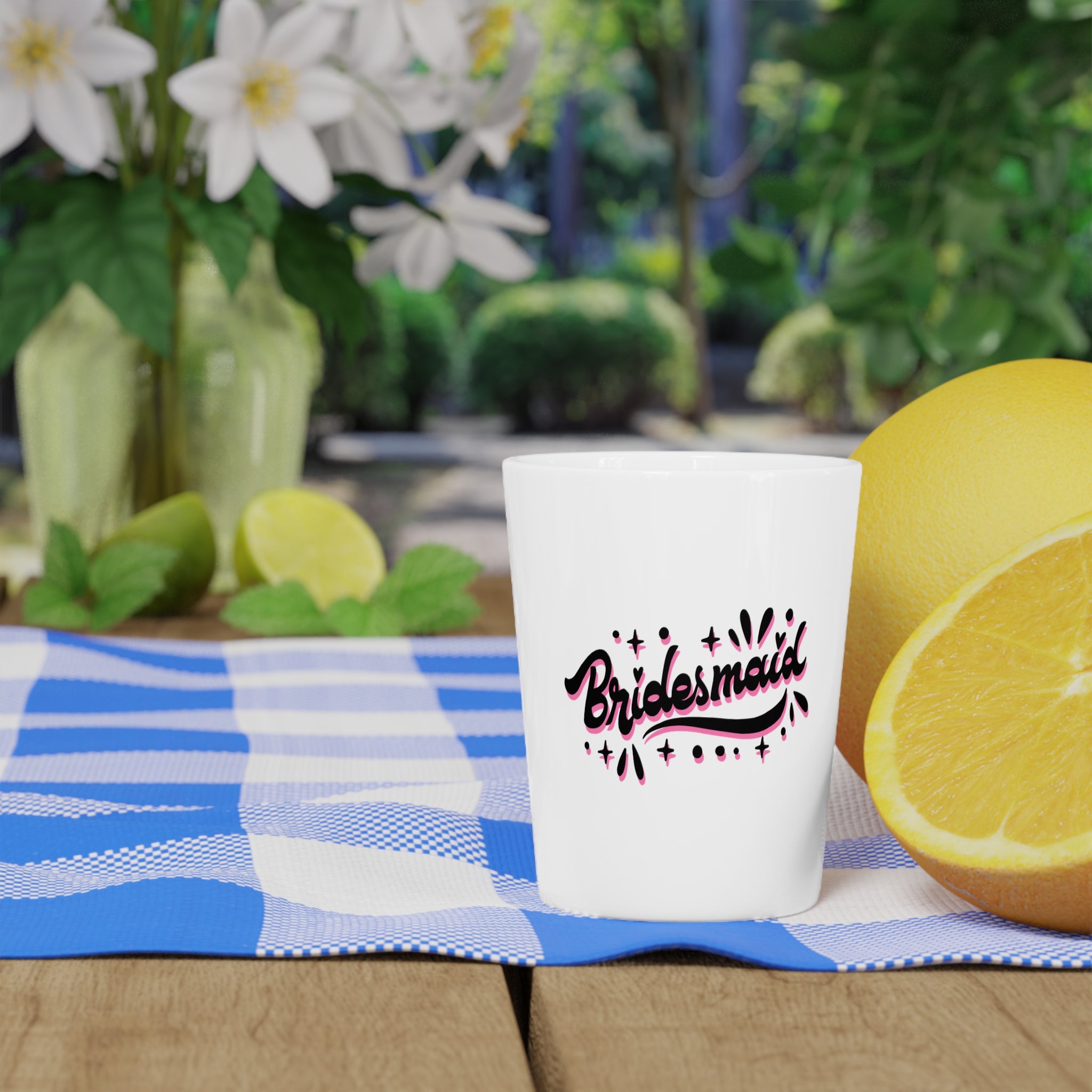 "Bridesmaid" Sparkle Script Ceramic Shot Glass - Bachelorette Party Keepsake