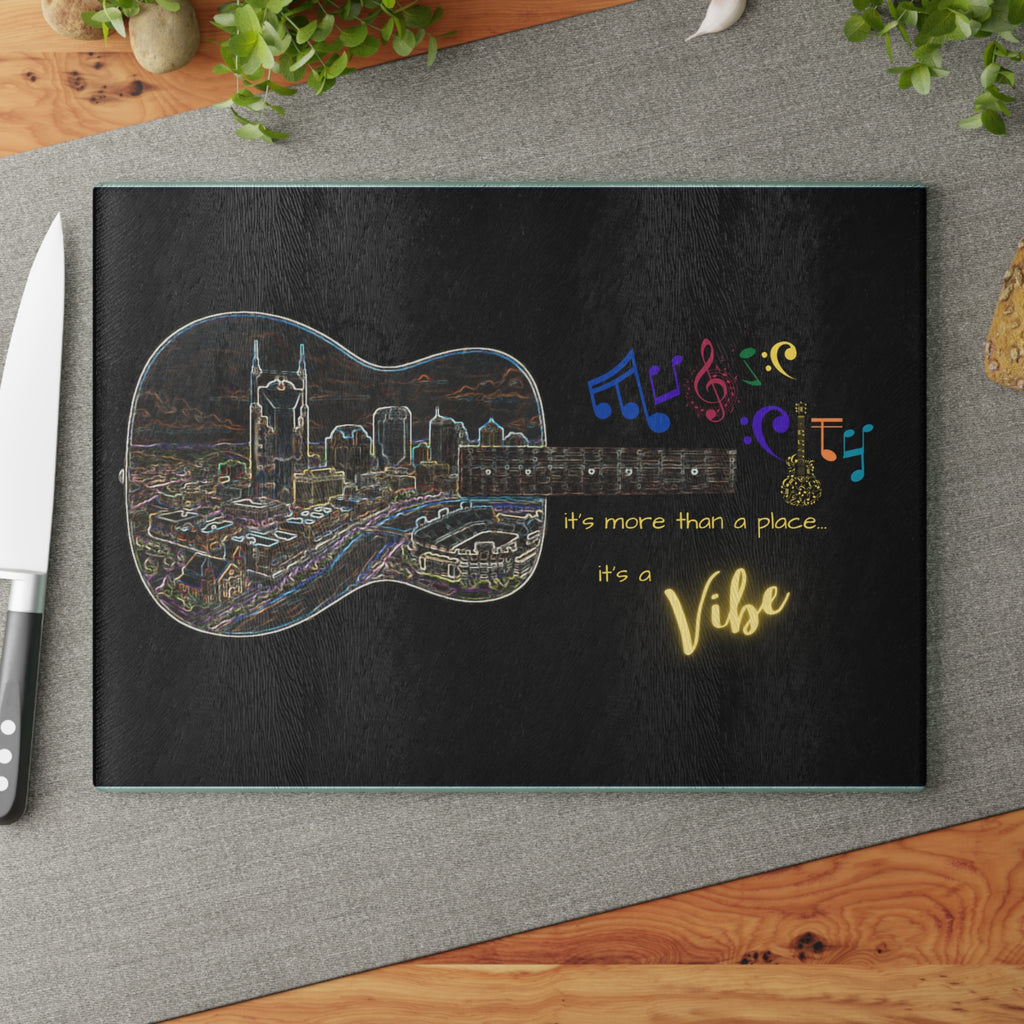 "Music City Vibe" Guitar Skyline Tempered Glass Cutting Board