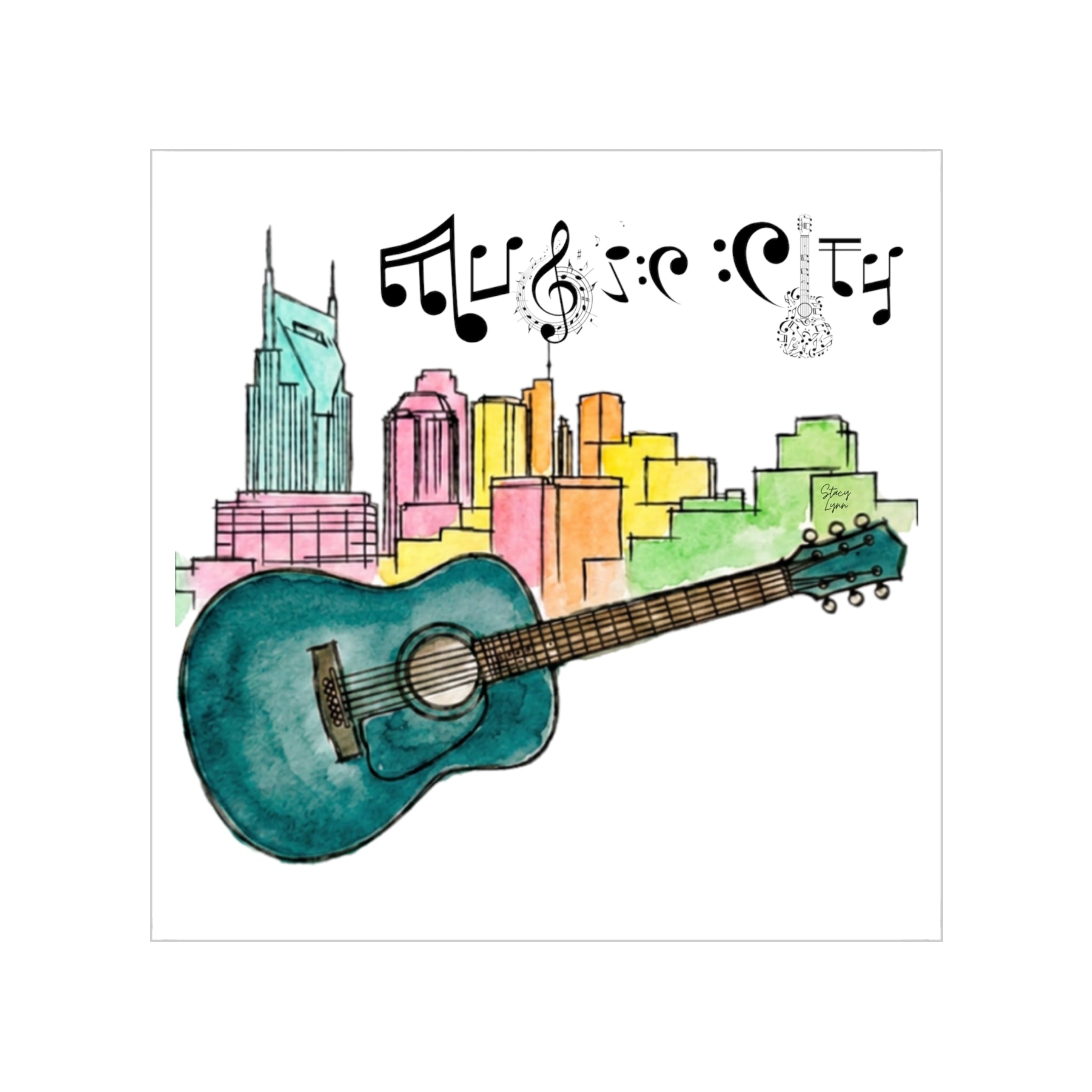 "Music City© Watercolor Skyline" Transparent Sticker